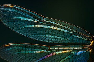 Close-up of Vibrant Dragonfly Wing with Intricate Veins and Iridescent Colors on Dark Background