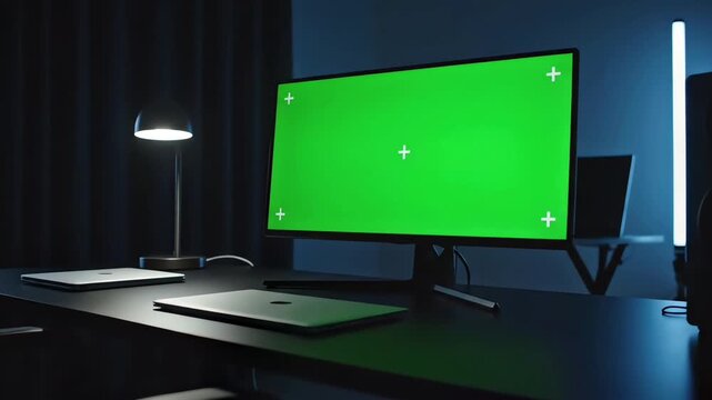 Modern desk setup featuring a large computer monitor with a green screen for mockup purposes, situated in a dark, contemporary room at night.
