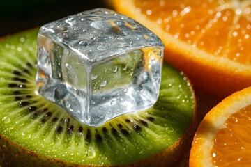 Close-up of Fresh Kiwi and Orange Slices with Ice Cube on Top in Bright Natural Light