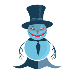 Evil creepy snowman in a high hat isolated on white background.	
