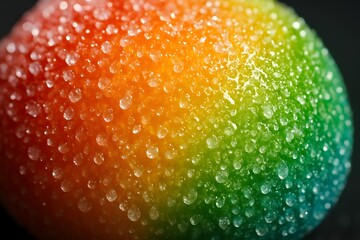 Close-up of a Colorful Mango with Water Droplets on Surface in Vibrant Lighting