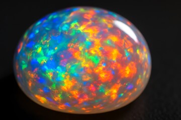 Bright Opal Gemstone with Multicolored Fire and Iridescent Patterns on Black Background