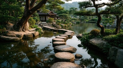 Obraz premium Stepping Stones in a Serene Garden Pond