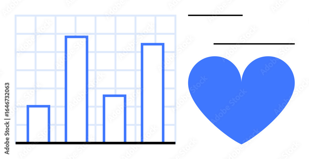 Poster bar chart analysis on grid background and blue heart symbol promoting harmony between data and emoti