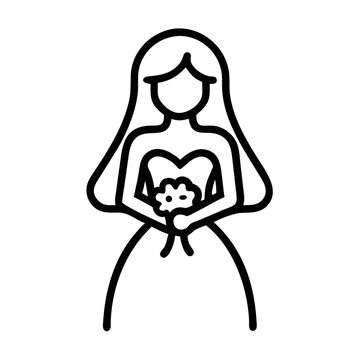 Bride holding bouquet in simple line icon style  