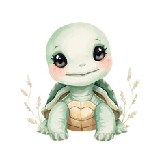 Charming cartoon turtle illustration with delicate floral accents against an airy setting