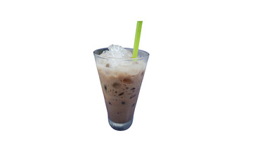 Refreshing Iced Cocoa in Tall Glass with Green Straw Isolated on White