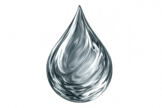 Shiny liquid mercury droplet splashing with transparent background, perfect for science or industrial projects