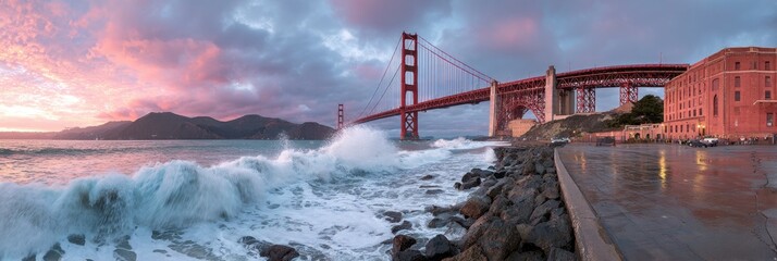 Dramatic sunset over the Golden Gate Bridge, crashing waves
