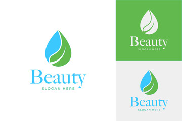 Leaf with water drop for organic skincare and natural beauty vector logo design template
