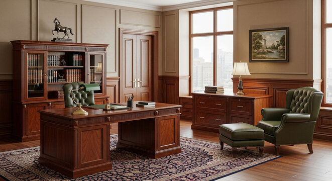 Luxury office interior design with wooden furniture desk bookcase and green leather armchair