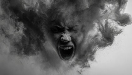 A grayscale portrait of a person's face, contorted in an expression of intense anger or fear, surrounded by swirling, smoky clouds