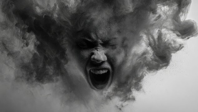 A grayscale portrait of a person's face, contorted in an expression of intense anger or fear, surrounded by swirling, smoky clouds
