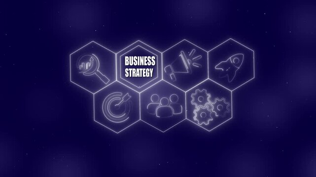 Business Strategy Concept with Icons in Hexagons on Starry Night Background planning . 4k video