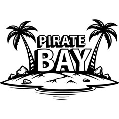 Sketchy emblem of the inscription Pirate Bay standing on a desert island. Engraving minimalistic vector in black ink drawing on transparent background