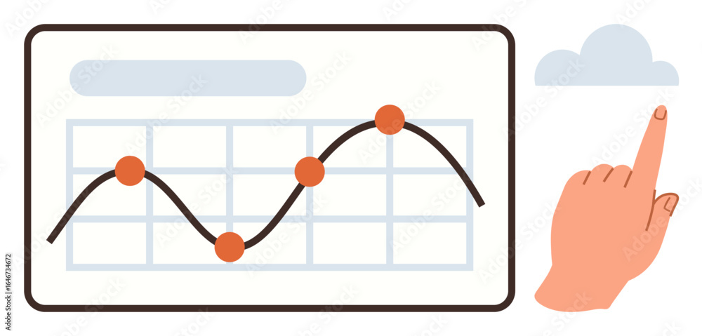 Poster chart with connected orange data points on a grid, hand gesture, and cloud icon. ideal for analytics
