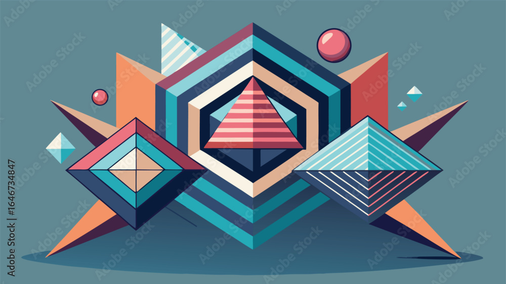 Poster a collection of abstract geometric shapes, featuring various 3d elements in different colors and for