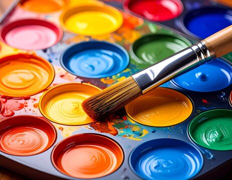 Colorful paint palette with a brush