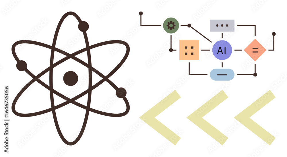 Poster atom structure next to ai-related process diagram with nodes, shapes, and data flow. ideal for scien