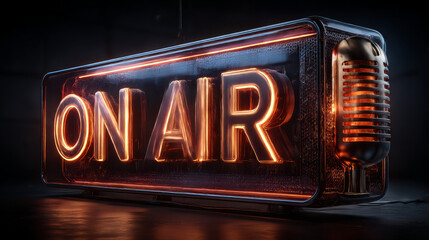 ON AIR sign made from neon alphabet on a black background. 3D illustration