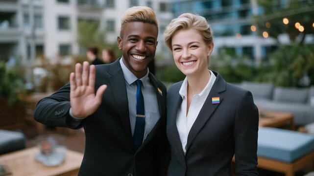 LGBTQ+ colleagues celebrating diversity with rainbow pins in office