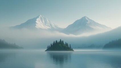 Misty Lake with Island and Snow- Covered Mountains