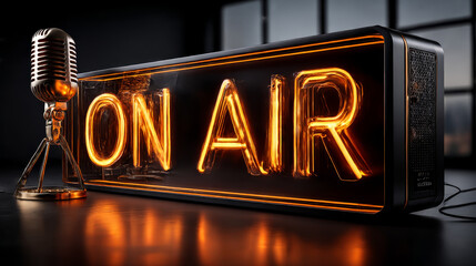 ON AIR sign made from neon alphabet on a black background. 3D illustration