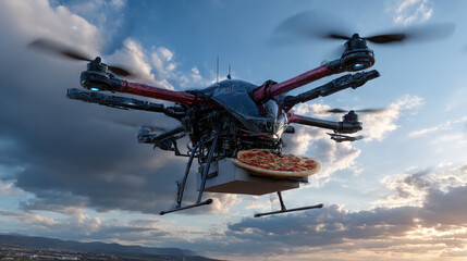 Delivery drone with pizza box. 3D illustration
