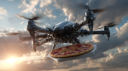 Delivery drone with pizza box. 3D illustration