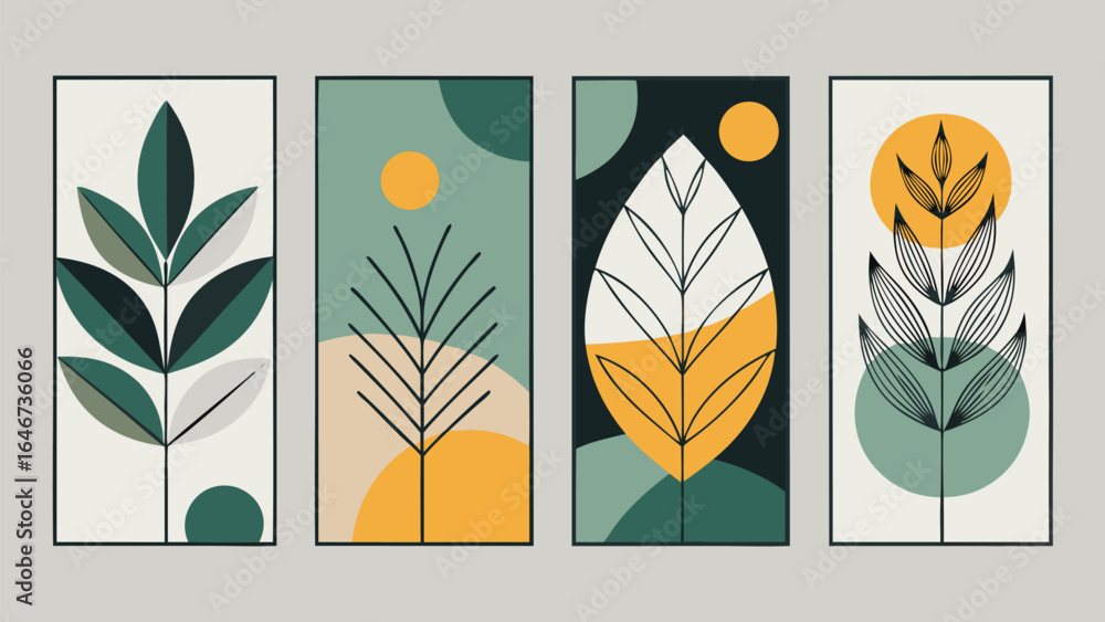 Poster distinct abstract paintings highlighting an array of leaves and flowers, each with unique colors and