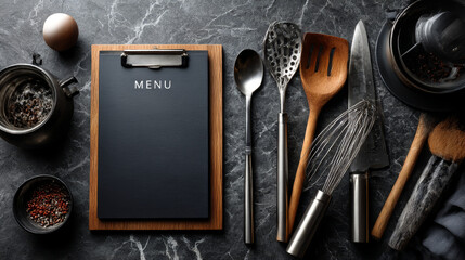 Menu mockup with Kitchen utensils on a Concrete background, Free space for your text. 3D illustration