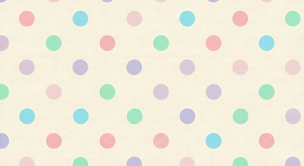Pastel-colored polka dots arranged in a repeating pattern on a cream-colored background, creating a cheerful, decorative design.