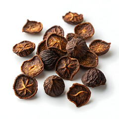 Scattered dried bitter gourd chips isolated on a plain background, perfect for healthy snack photography,