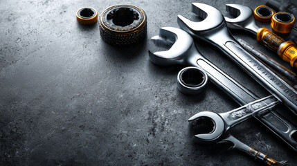 Set of mechanical tools on a Concrete background, Car repair equipment, Free space for your text. 3D illustration