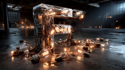 Alphabet F made of light bulb. 3D illustration