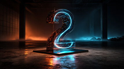 Number 2, Alphabet made from Neon Light with clipping path. 3D illustration