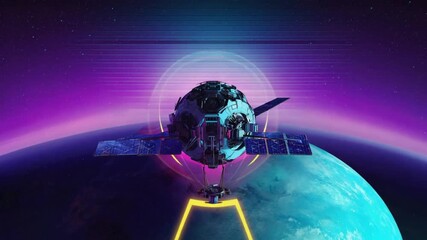 Futuristic satellite in space, orbiting planet Earth with neon retro vibes