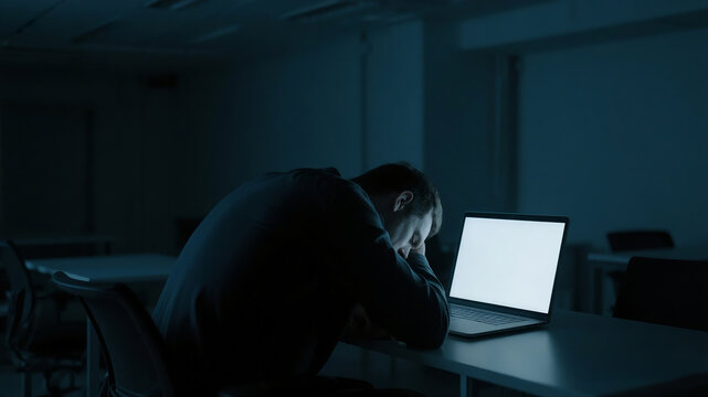 A faceless, tired office worker slouched over their laptop in a dark office late at night, symbolizing burnout and overwork