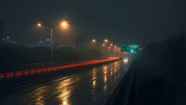 Rainy night highway with blurred red taillights and glowing streetlights reflecting on wet asphalt creating a moody atmospheric urban landscape scene