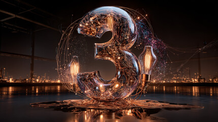 Number 3, Alphabet  made of light bulb. 3D illustration