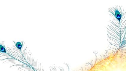 Obraz premium Ultra HD White and Cream Backdrop with Golden Blue Peacock Feathers and Shimmering Crystal Light Effects