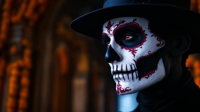 Elegant day of the dead celebration with intricate skull face paint in motion