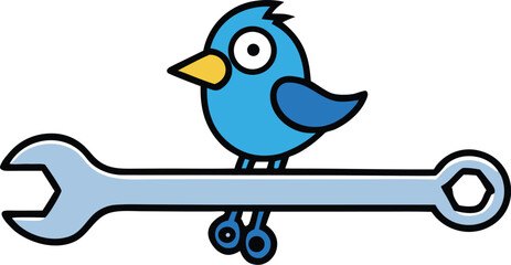 mechanical bird perched on a wrench on transparent background