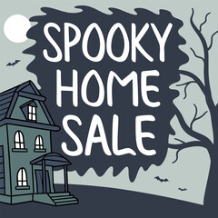 Illustration of a spooky home for sale with bare trees and a winding path on a hill in grayscale art