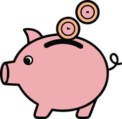 piggy bank being filled with coin dropping mid air on transparent background