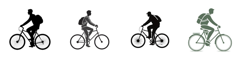 Naklejka premium Bicyclist silhouettes collection, cycling with a backpack, Isolated On White Background