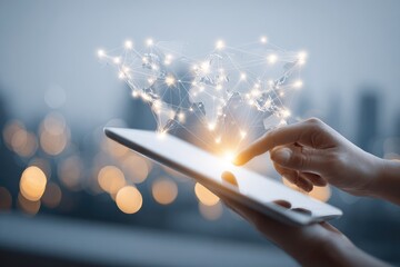 A hand interacts with a tablet, a world map overlaid with glowing connections