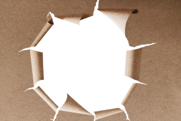 Rugged torn hole in brown cardboard surface with curled edges png transparent background, for message reveal, packaging concept, grunge texture or attention mockups copy space graphic.