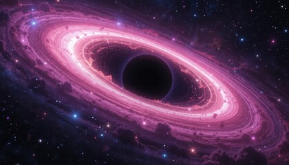 Pink accretion disk around a black hole in space galaxy
