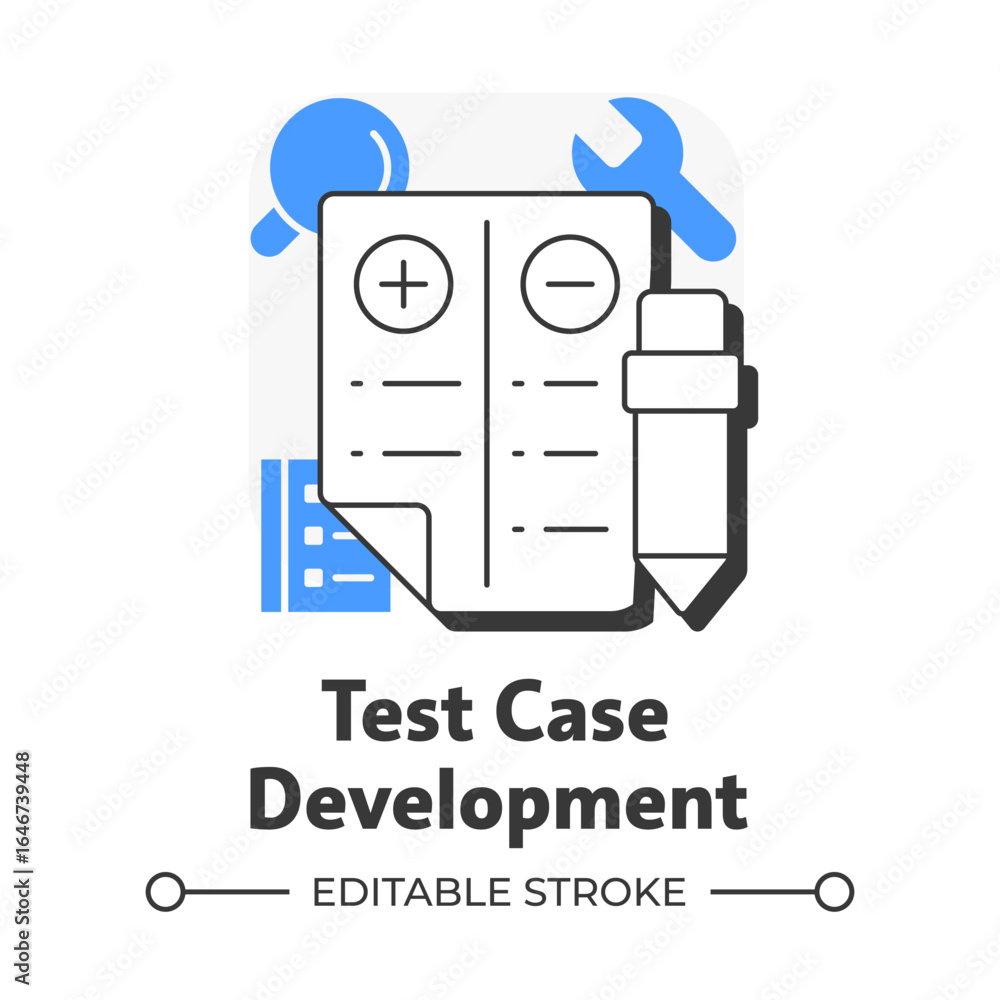 Poster test case development flat outline concept icon. balance sheet, efficiency. coding, programming. qua